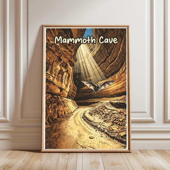 Mammoth Cave Travel Poster Kentucky National Park Print Vintage Bat Wall Art Hiking Gift