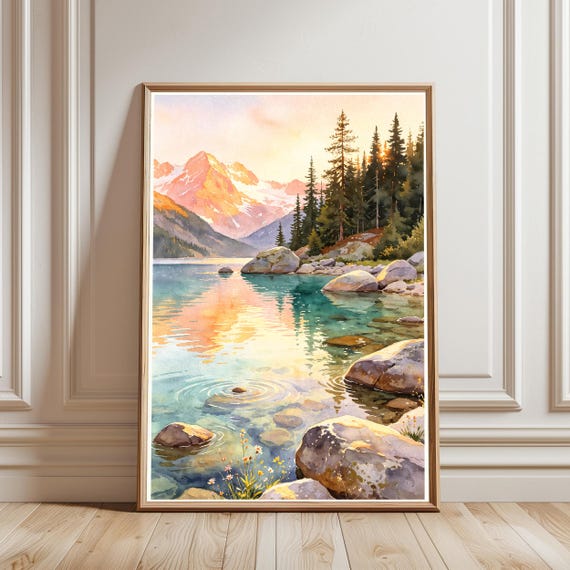 Mountain Lake Watercolor Print Sunset Landscape Painting Pine Tree Wall Art Serene Nature Decor