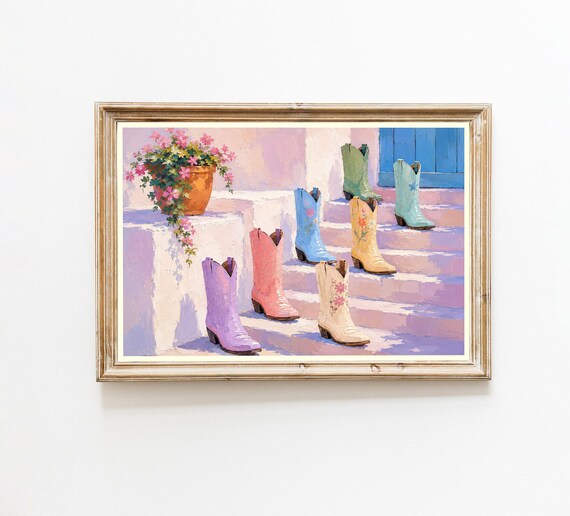 Colorful Cowboy Boots On Pink Steps Western Impressionist Art Poster