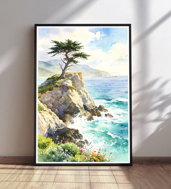 Lone Cypress Watercolor Print Coastal Ocean Cliff Wall Art Monterey Bay Decor Pacific Coast Painting