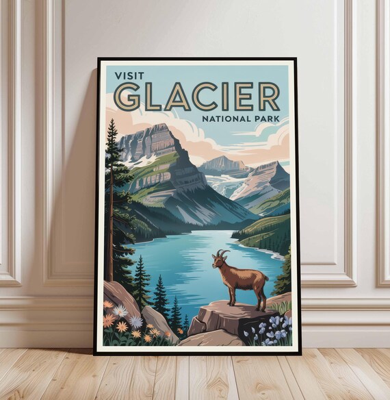 Glacier National Park Vintage Poster Mountain Goat Lake Peak Art