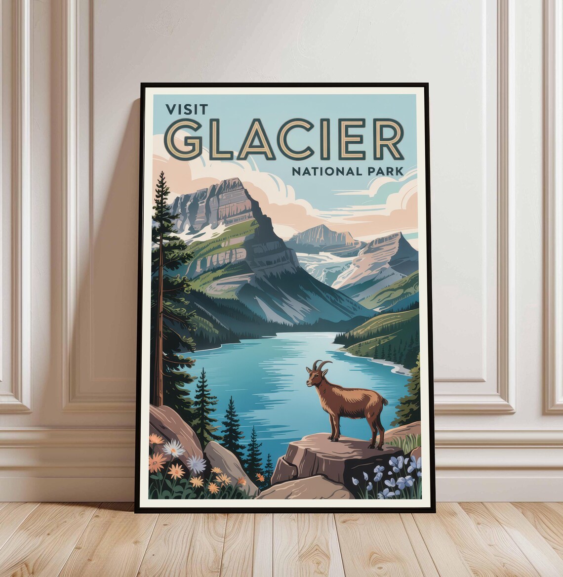 Glacier National Park Vintage Poster Mountain Goat Lake Peak Art