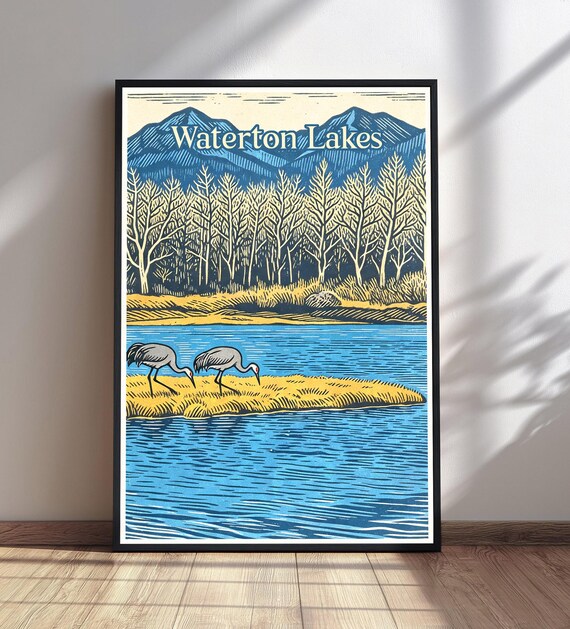 Waterton Lakes National Park Poster Crane Wetland Woodcut Travel Art