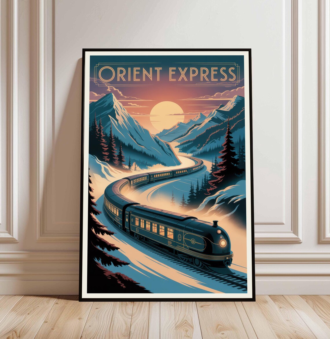 Orient Express Vintage Train Snowy Mountain Sunset Travel Poster
