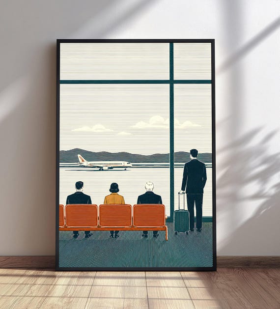 Airport Terminal Travel Poster Minimalist Line Art Print Airplane Runway Wall Aviation Decor