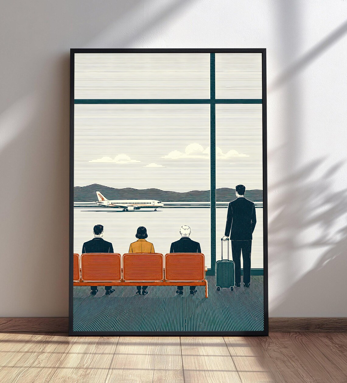 Retro Airport Terminal Travelers Watching Plane Illustration Poster