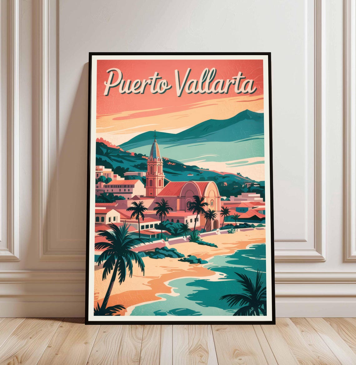 Puerto Vallarta Mexico Beach Palm Trees Retro Sunset Travel Poster