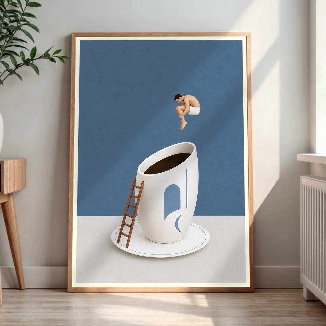 Man Diving Into Coffee Art Print Surreal Kitchen Wall Decor Unique Lover Gift Minimalist Cafe Poster