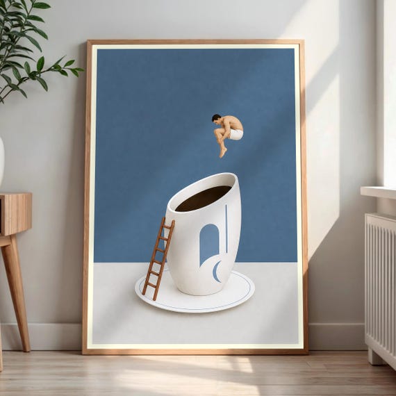 Man Diving Into Coffee Art Print Surreal Kitchen Wall Decor Unique Lover Gift Minimalist Cafe Poster