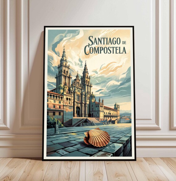 Santiago de Compostela Cathedral Vintage Pilgrimage Travel Poster