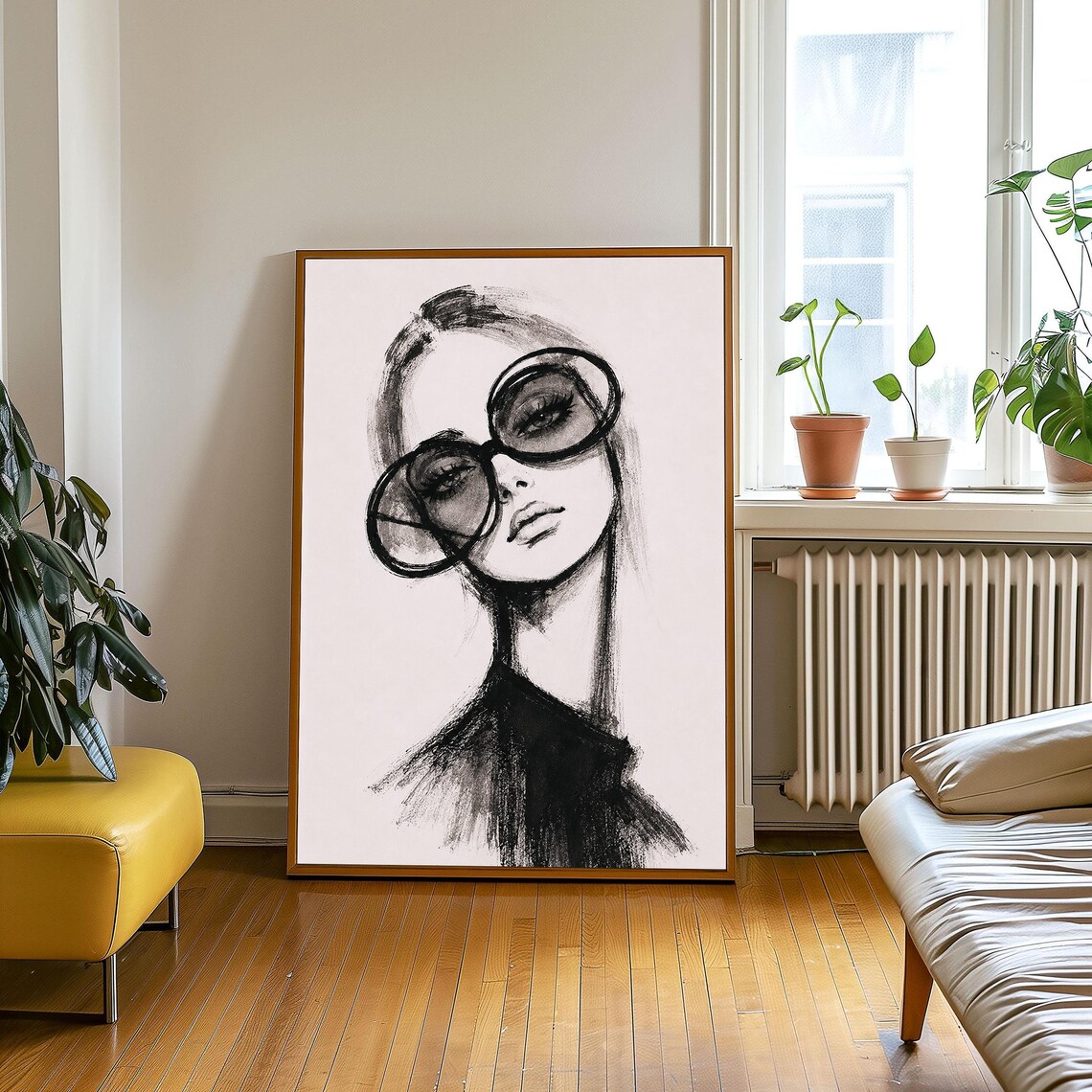 Abstract Woman Sunglasses Charcoal Sketch Modern Portrait Poster