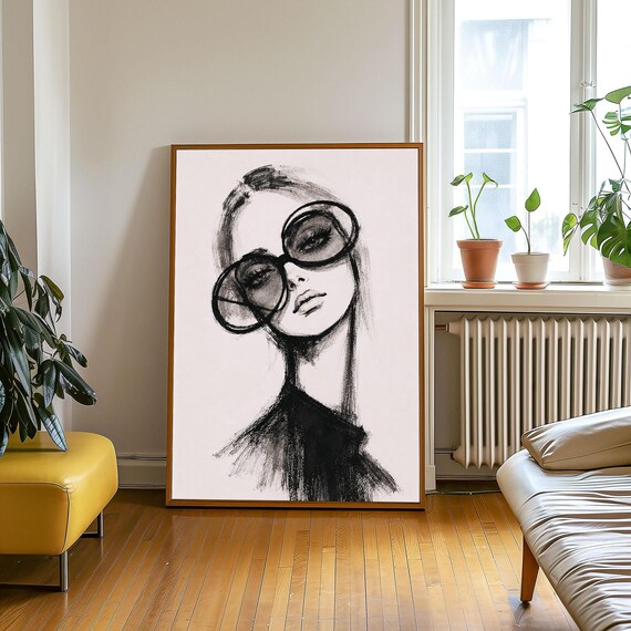 Abstract Woman Sunglasses Charcoal Sketch Modern Portrait Poster