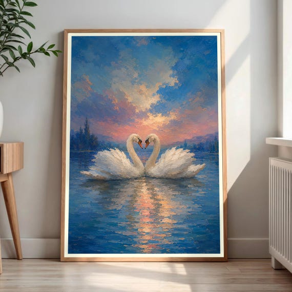 Swan Lake Print Romantic Couple Wall Art Sunset Painting Vintage Nature Decor