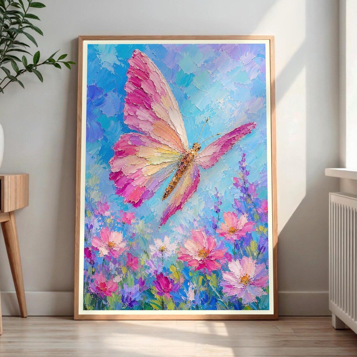 Pink Butterfly Impasto Oil Painting Over Wildflower Meadow Poster