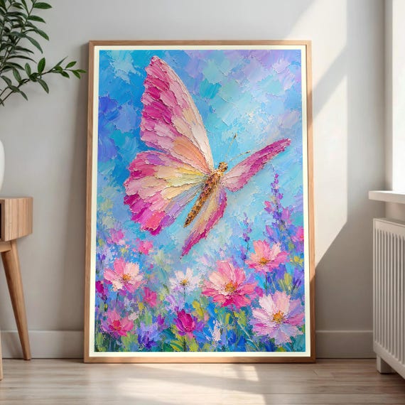 Pink Butterfly Canvas Print Impressionist Flower Field Wall Art Blue Sky Nature Decor