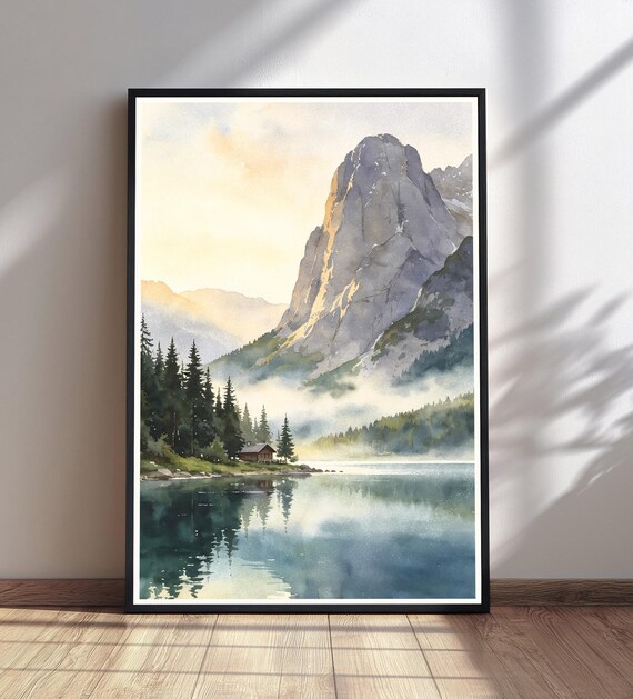 Mountain Lake Watercolor Cabin Pines Misty Sunrise Landscape Poster