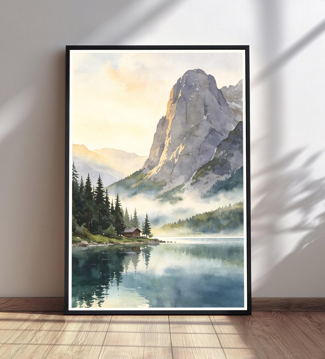 Mountain Lake Watercolor Cabin Pines Misty Sunrise Landscape Poster