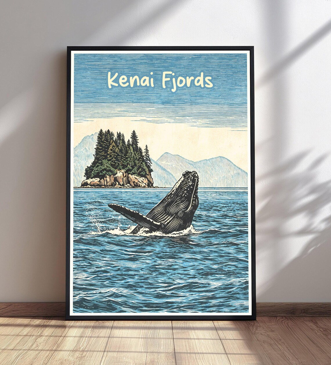 Kenai Fjords Humpback Whale Breach Vintage Alaska Travel Poster