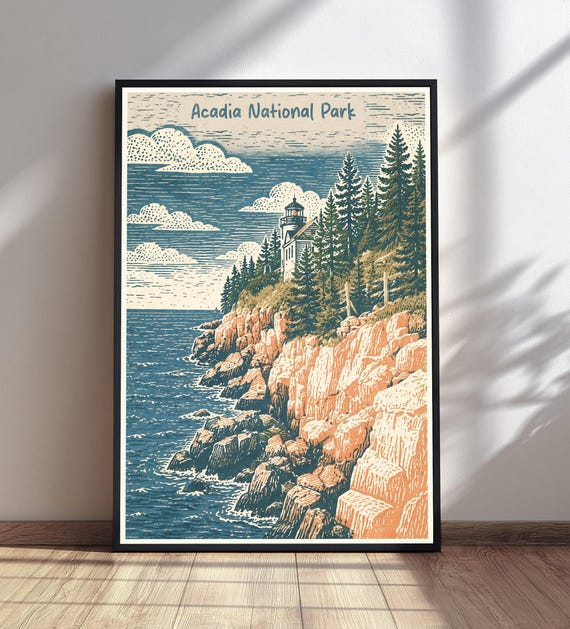 Acadia National Park Poster Vintage Lighthouse Print Maine Travel Wall Art Nature Home Decor