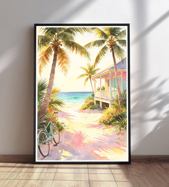 Tropical Beach House Palm Trees Coastal Summer Watercolor Print