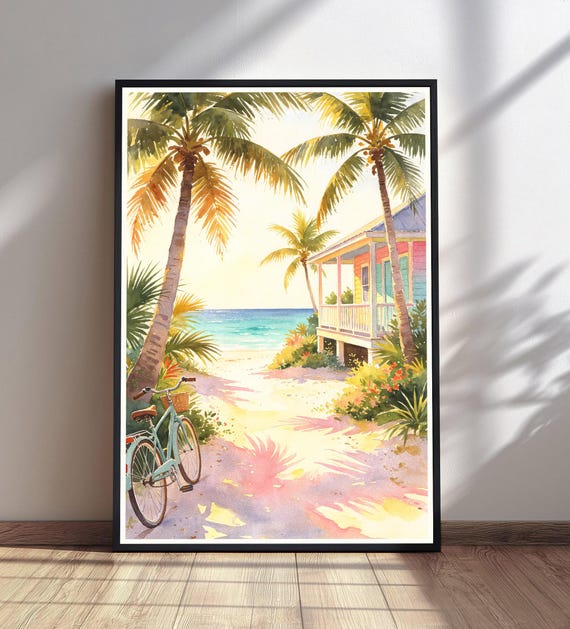Watercolor Beach House Print Palm Trees Ocean Art Coastal Bicycle Wall Decor Summer Scene