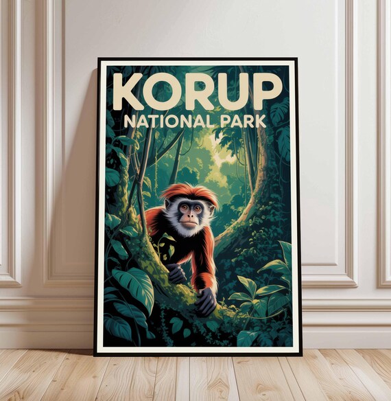 Korup National Park Cameroon Vintage Rainforest Monkey Jungle Wildlife Poster
