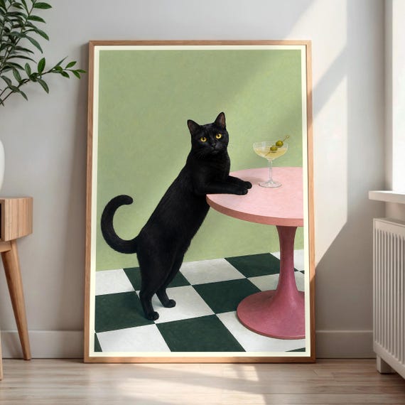 Black Cat Martini Print Quirky Animal Wall Art Retro Bar Cart Decor Funny Lover Gift