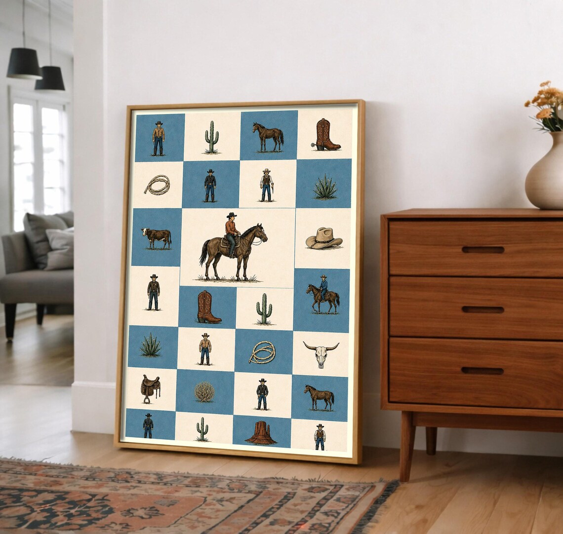 Western Cowboy Icons Checkerboard Poster Blue Cream Ranch Pattern Art