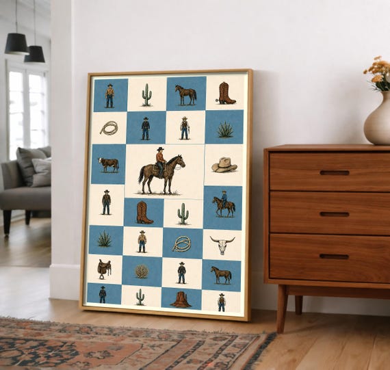 Western Wall Art Cowboy Horse Cactus Grid Blue Cream Print Rustic Ranch Decor