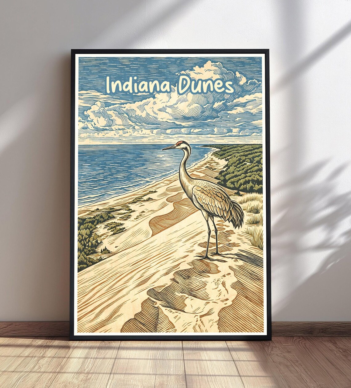 Indiana Dunes Sandhill Crane Beach Lake Vintage Travel Poster