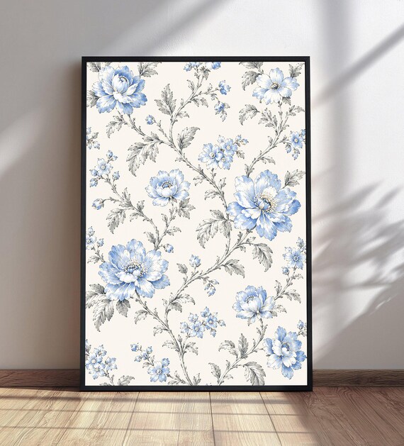 Blue Peony Floral Pattern Chinoiserie Botanical Elegant Art Poster
