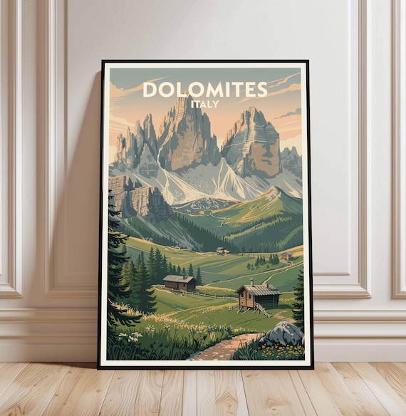 Dolomites Italy Travel Poster Alpine Peaks Mountain Cabins Vintage Wall Decor