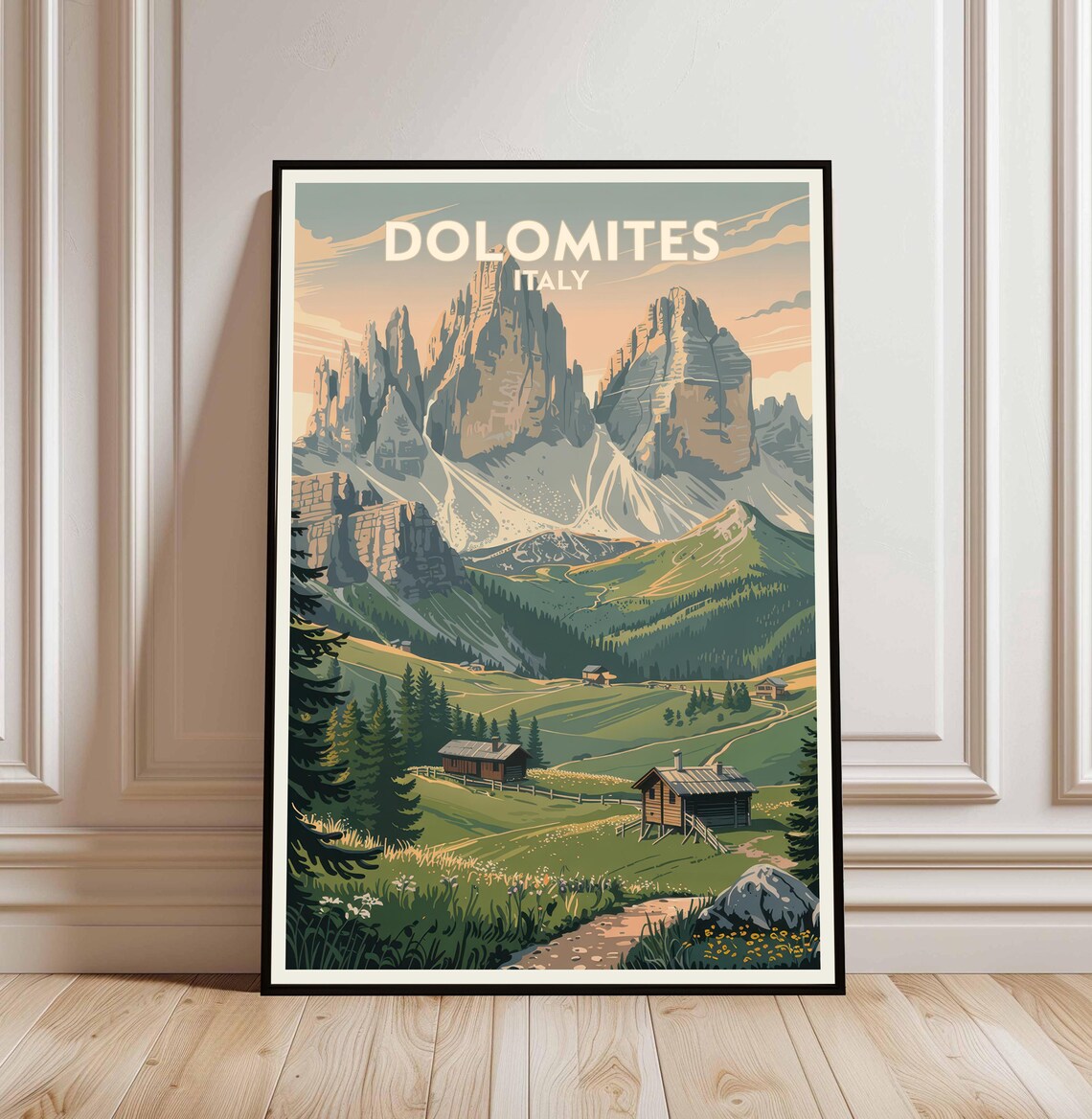 Dolomites Italy Travel Poster Alpine Peaks Mountain Cabins Vintage Wall Decor