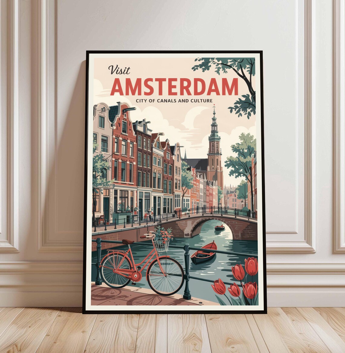 Visit Amsterdam City of Canals Vintage Netherlands Travel Poster