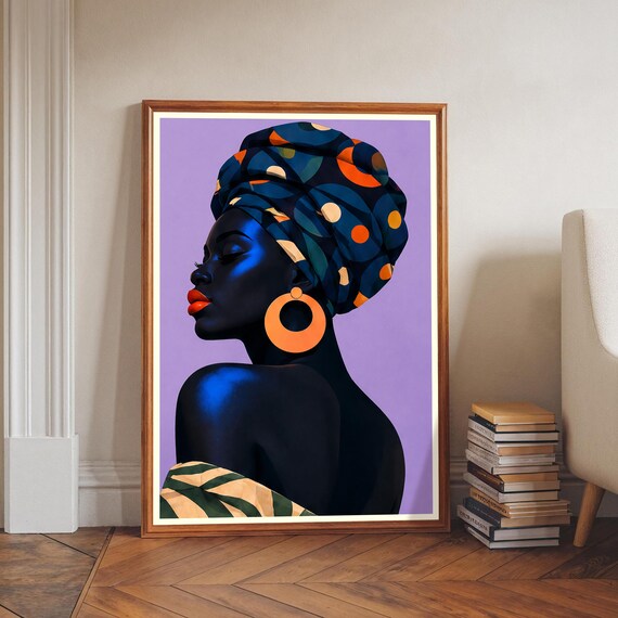 African Woman Art Print Dark Skin Portrait Headwrap Wall Lavender Background