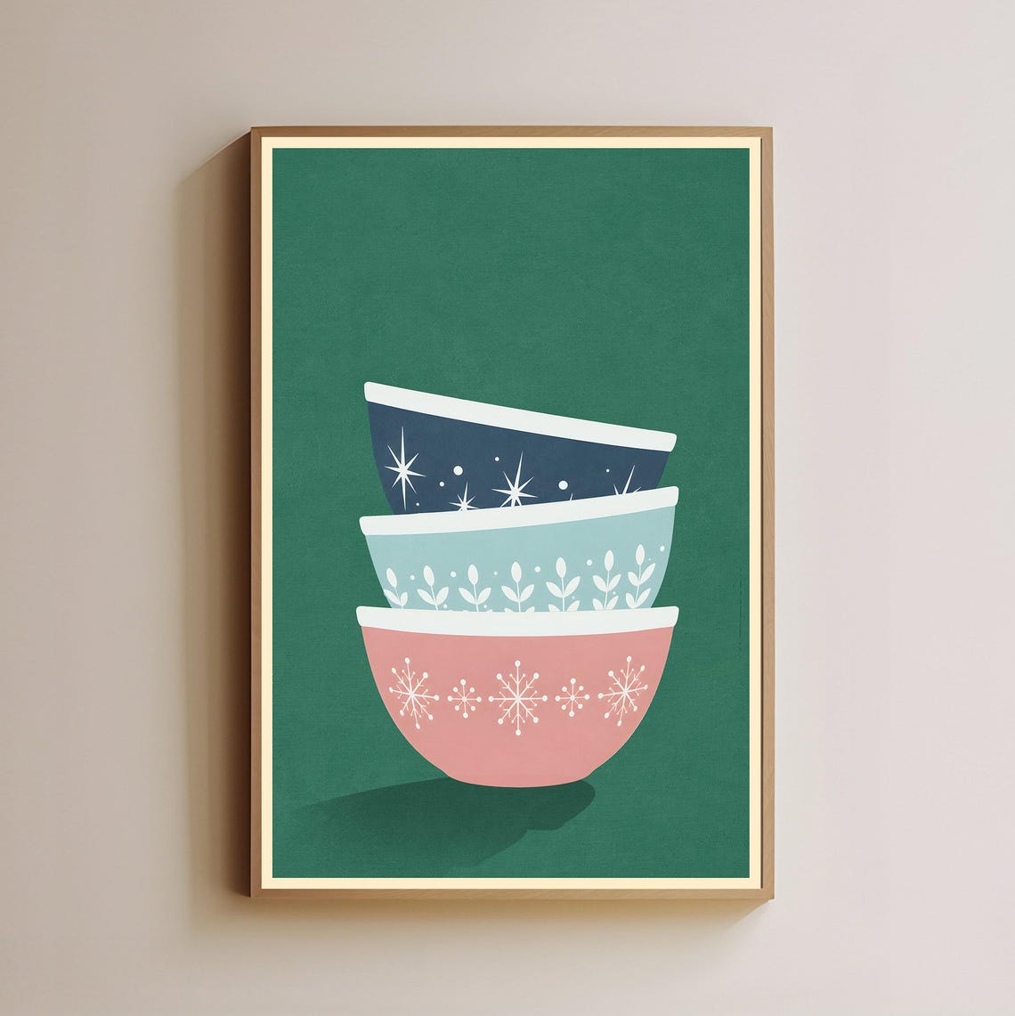 Stacked Retro Mixing Bowls Green Vintage Kitchen Decor Poster