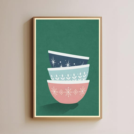 Kitchen Mixing Bowl Print Colorful Stacked Bowls Wall Art Retro Decor Housewarming Gift