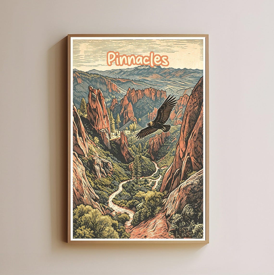 Pinnacles National Park Rock Formations Soaring Bird Vintage Poster