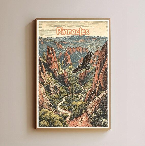 Pinnacles National Park Rock Formations Soaring Bird Vintage Poster