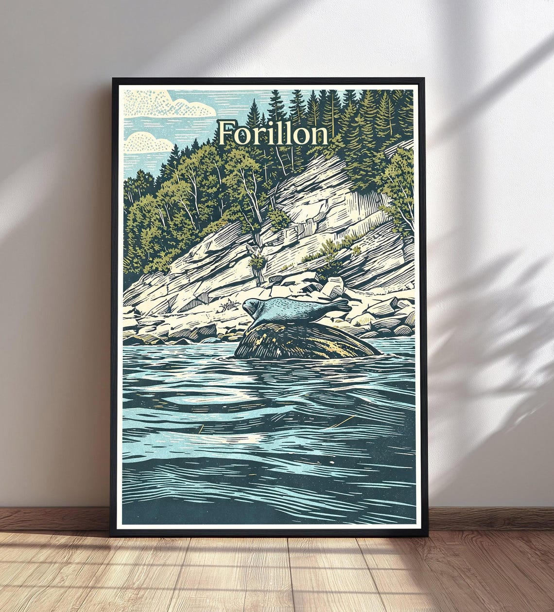 Forillon Vintage Travel Poster With Seal On Rocky Coastal Cliffs