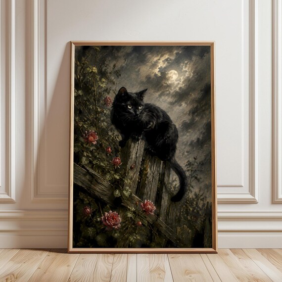 Black Cat Full Moon Print Dark Academia Wall Art Gothic Decor Witchy Poster