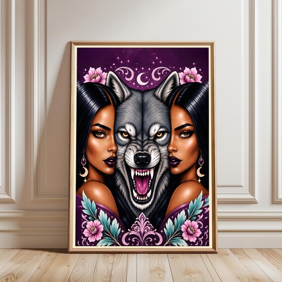 Wolf Head Fantasy Art Print Two Women Dark Hair Purple Moon Stars Floral Wall