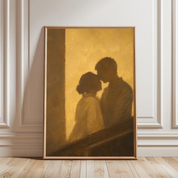 Couple Embrace Silhouette Romantic Golden Wall Art Tender Love Print Anniversary Gift Decor