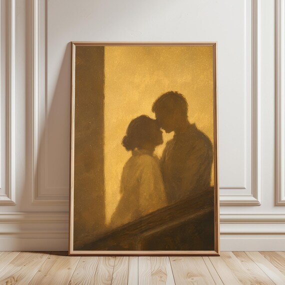 Golden Couple Embrace Silhouette Romantic Tender Love Art Poster