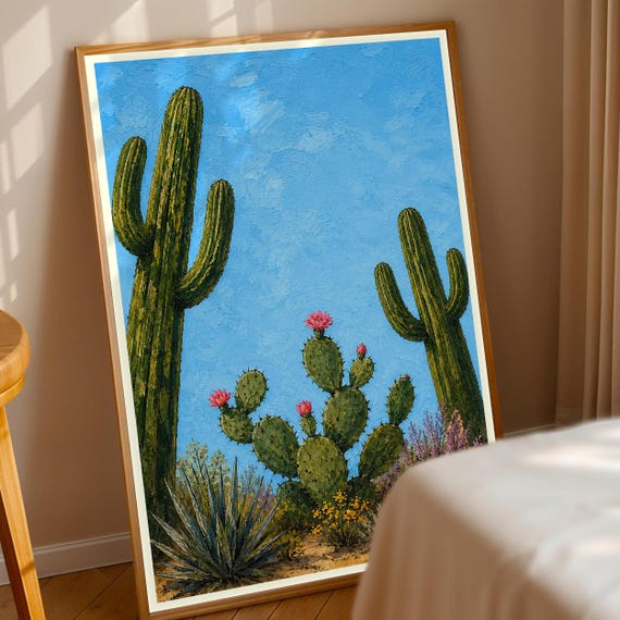 Desert Landscape Print Saguaro Cactus Wall Art Prickly Pear Flora Decor Southwestern Impressionist Painting