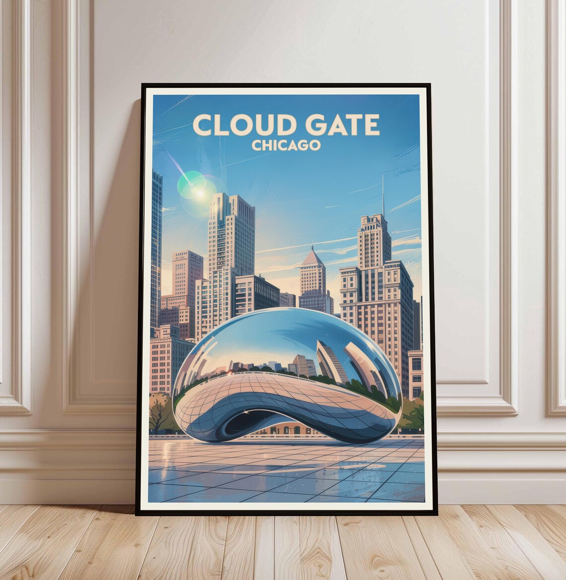 Cloud Gate Chicago Travel Poster Featuring The Bean Landmark Skyline View