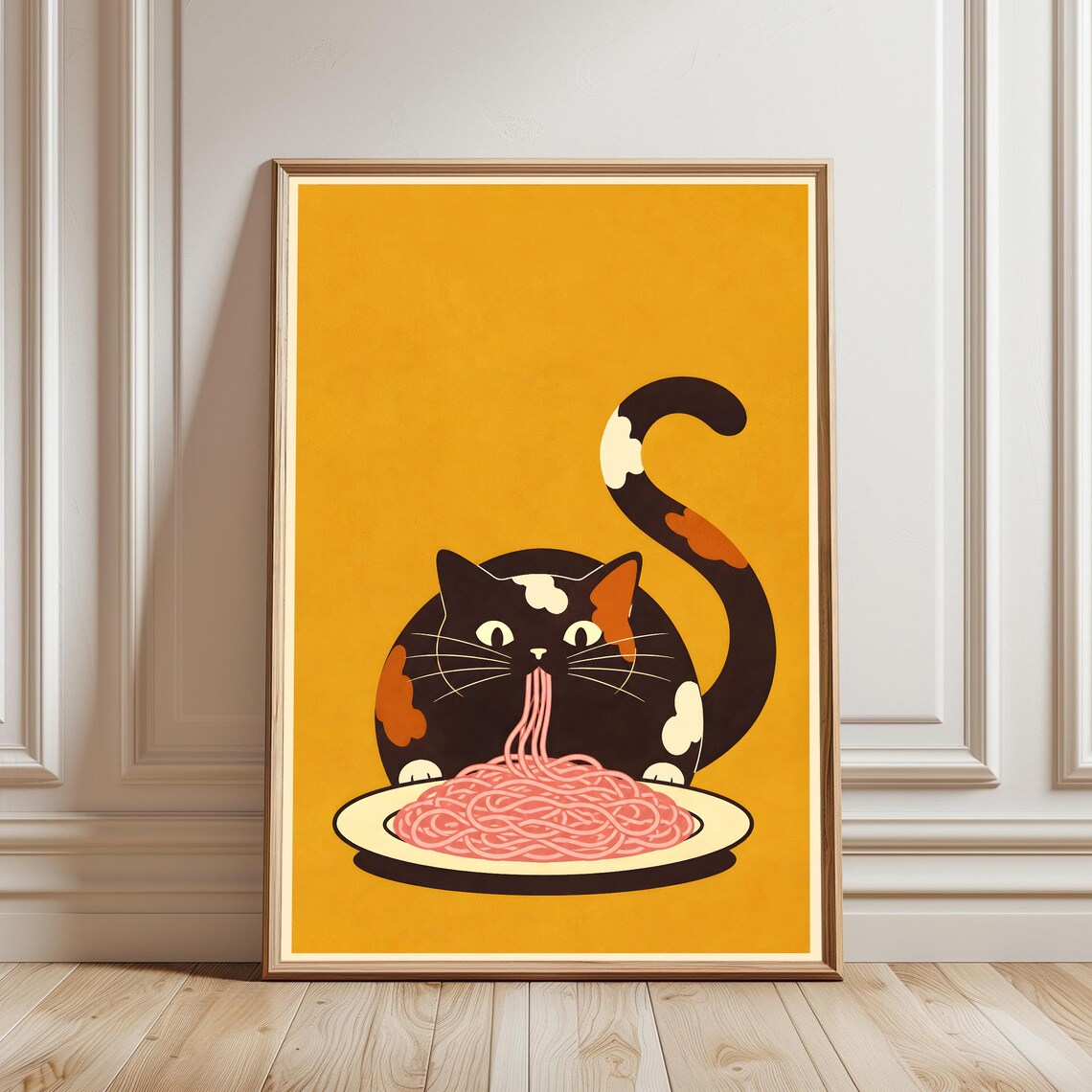 Calico Cat Eating Spaghetti, Funny Kitchen Poster