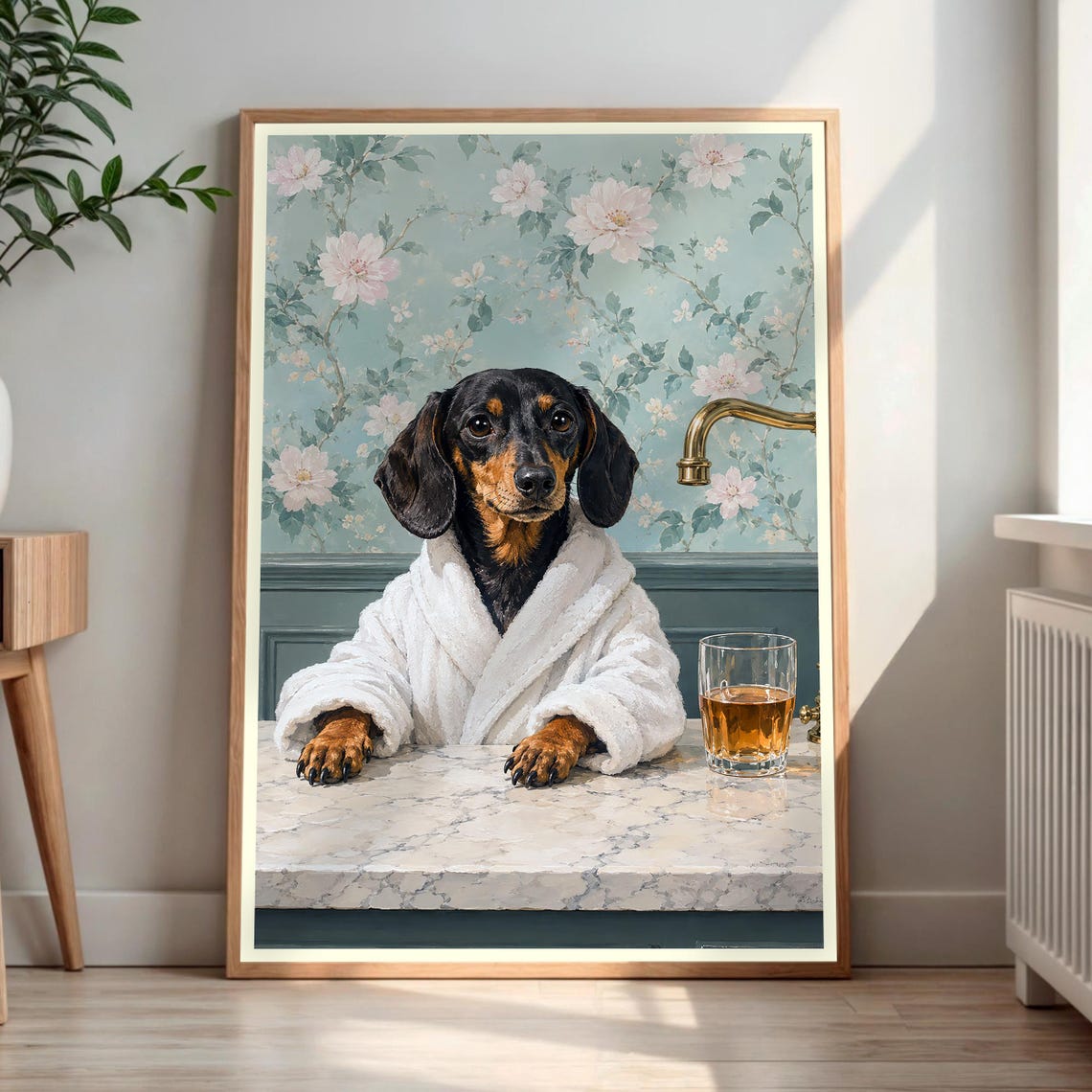 Dachshund Spa Day Bathrobe Whimsical Dog Bathroom Art Poster