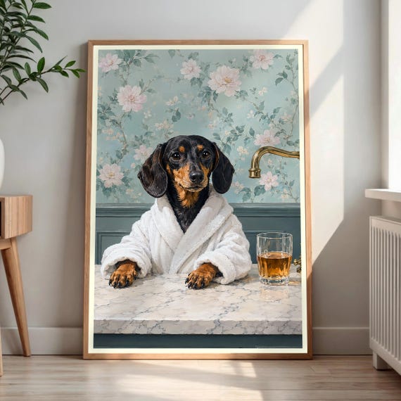 Dachshund Bathrobe Wall Art Funny Dog Print Wiener Poster Pet Bar Decor