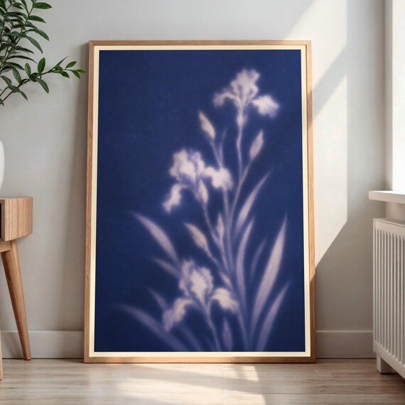 Iris Botanical Cyanotype Navy Blue Dark Elegant Floral Poster